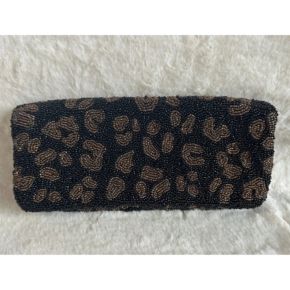 Vintage Moyna Clutch Envelope Bag Party Leopard Print Beaded Black‎ 9x5